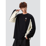 26春美式小猫印花长袖T恤春秋款撞色拼接宽松上衣705-WY1665-P38，男装T恤，星座705