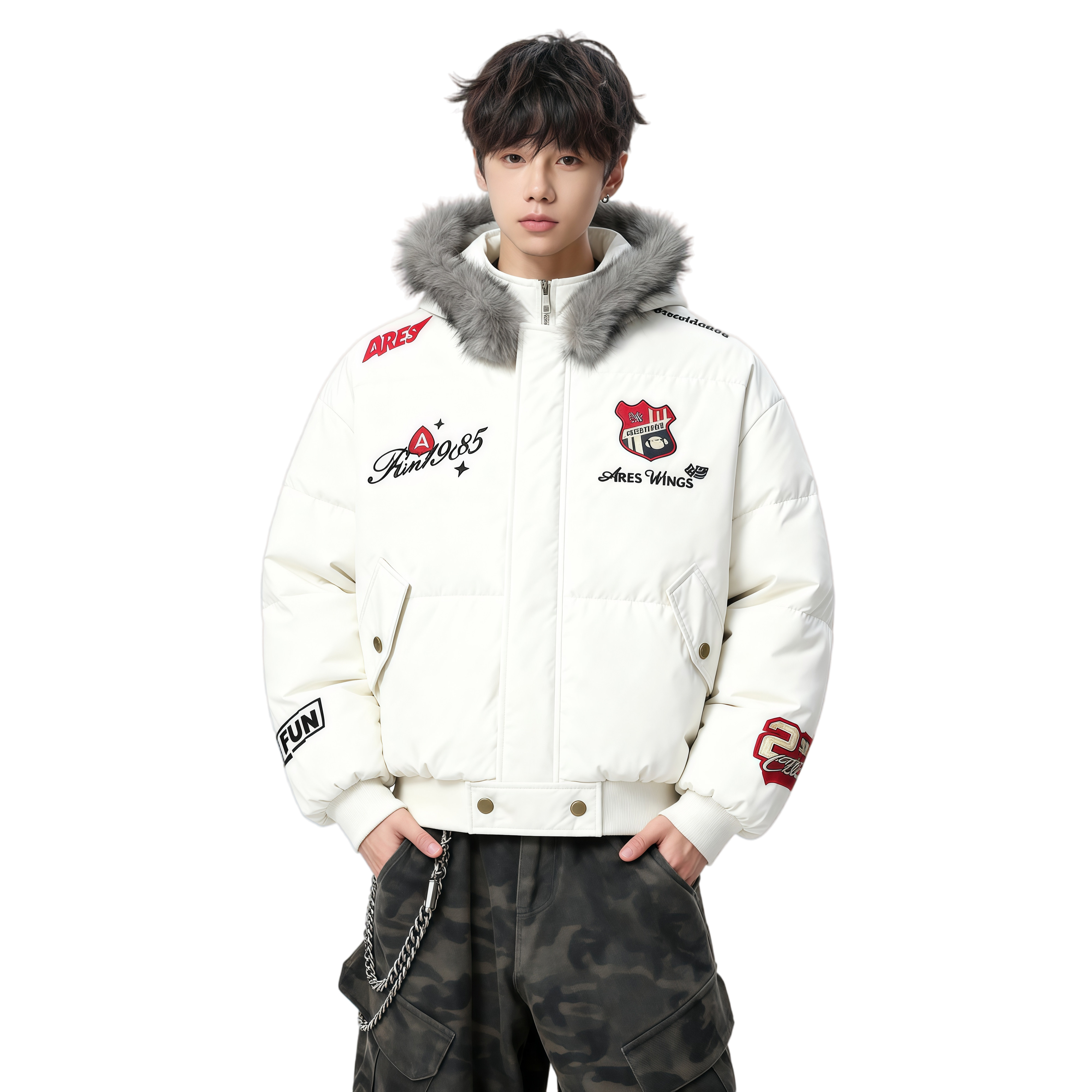 25冬复古刺绣徽章座山雕拆卸帽毛领美式暖棉服特批705-M3699-P100,男装棉衣,星座705