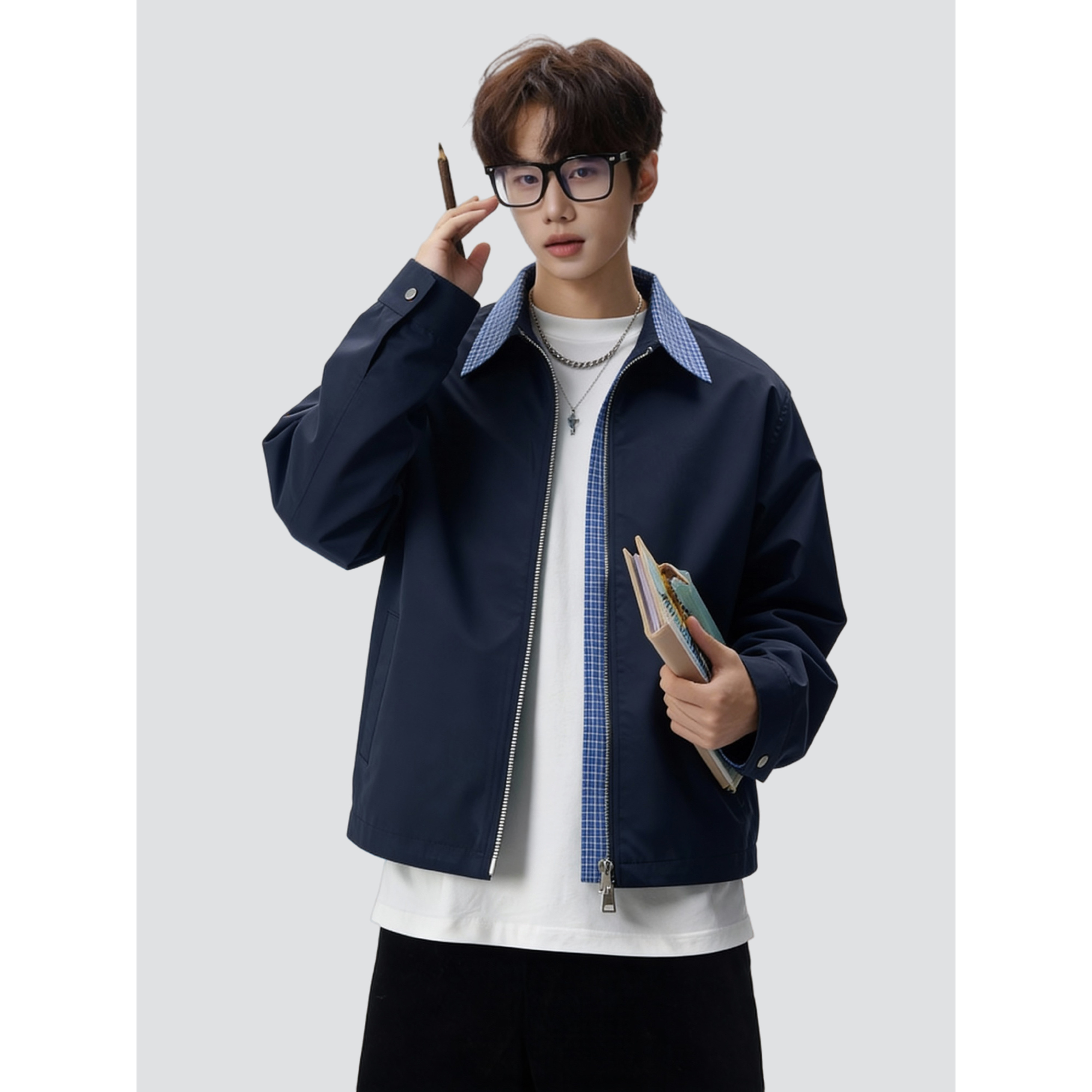 26春美式格子翻领潮拼接男士外套高级宽松短款上衣705-JK5886-P75，女装短外套，星座705