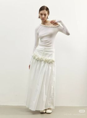 NONETONE 25AW秋冬新品 白色手工花朵装饰牛仔拼接百褶伞裙长裙