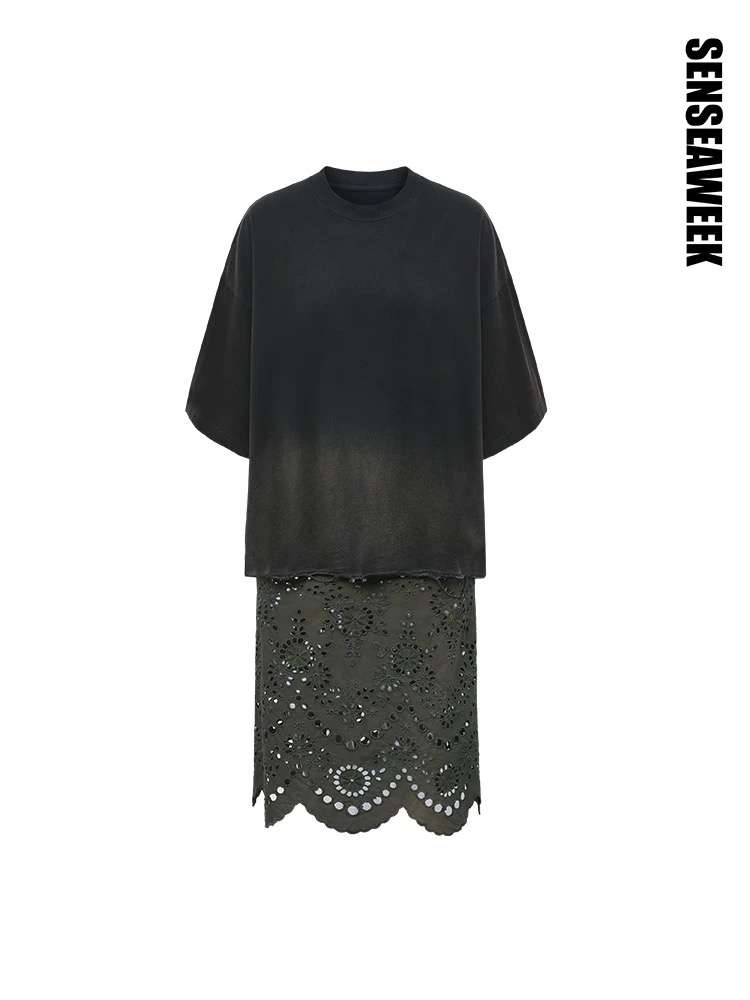 SENSEAWEEK25春夏新品复古上衣镂空裙渐变短袖T恤花边裙两件套