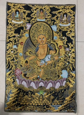 古玩杂项旧藏唐卡刺绣黄财神挂画装饰画客厅书房茶室挂画