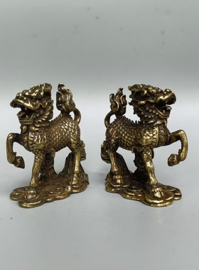 古玩热卖收藏佳品铜合金麒麟瑞兽造型独特复古家居摆件一对包邮