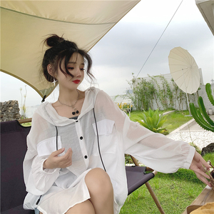 RY1583#个性甜BF风宽松中长款连帽抽绳口袋防晒开衫衬衣