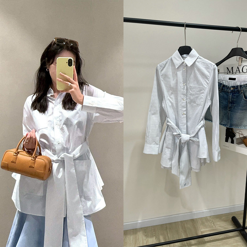 2025春夏竖条纹腰带刺绣logo不规则衬衫裙宽松显瘦时尚女款连衣裙