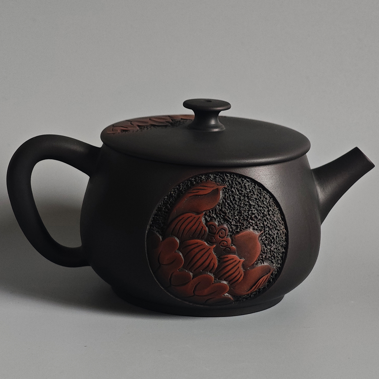 建水紫陶阳刻浮雕壶全手工茶壶