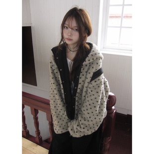 秒发 软糯正反两穿摇粒绒外套韩国25冬休闲减龄波点保暖连帽上衣