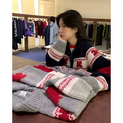 陆续！费尔岛图案毛衣开衫韩国25年秋季ins风宽松翻领针织外套女