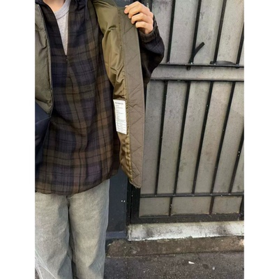 Self ser*ice复古磨毛格子衬衫韩国26秋季新款休闲连帽长袖上衣女