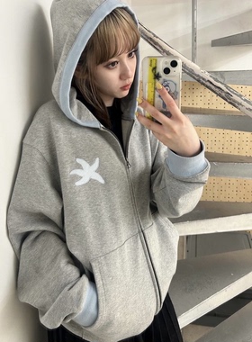 休闲减龄连帽卫衣外套韩国2026春季新款TCM海星刺绣拼色拉链上衣