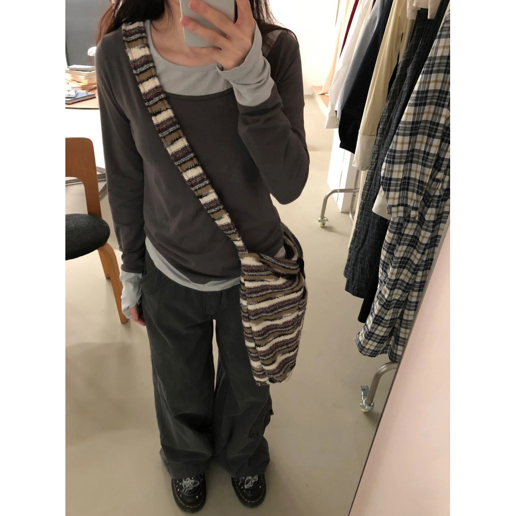 秒发！韩系氛围感25秋韩国宽松显瘦拼接假两件圆领长袖T恤上衣女