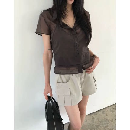秒发！韩系两件套上衣韩国26夏季新款微透系带挂脖翻领短袖衬衫女
