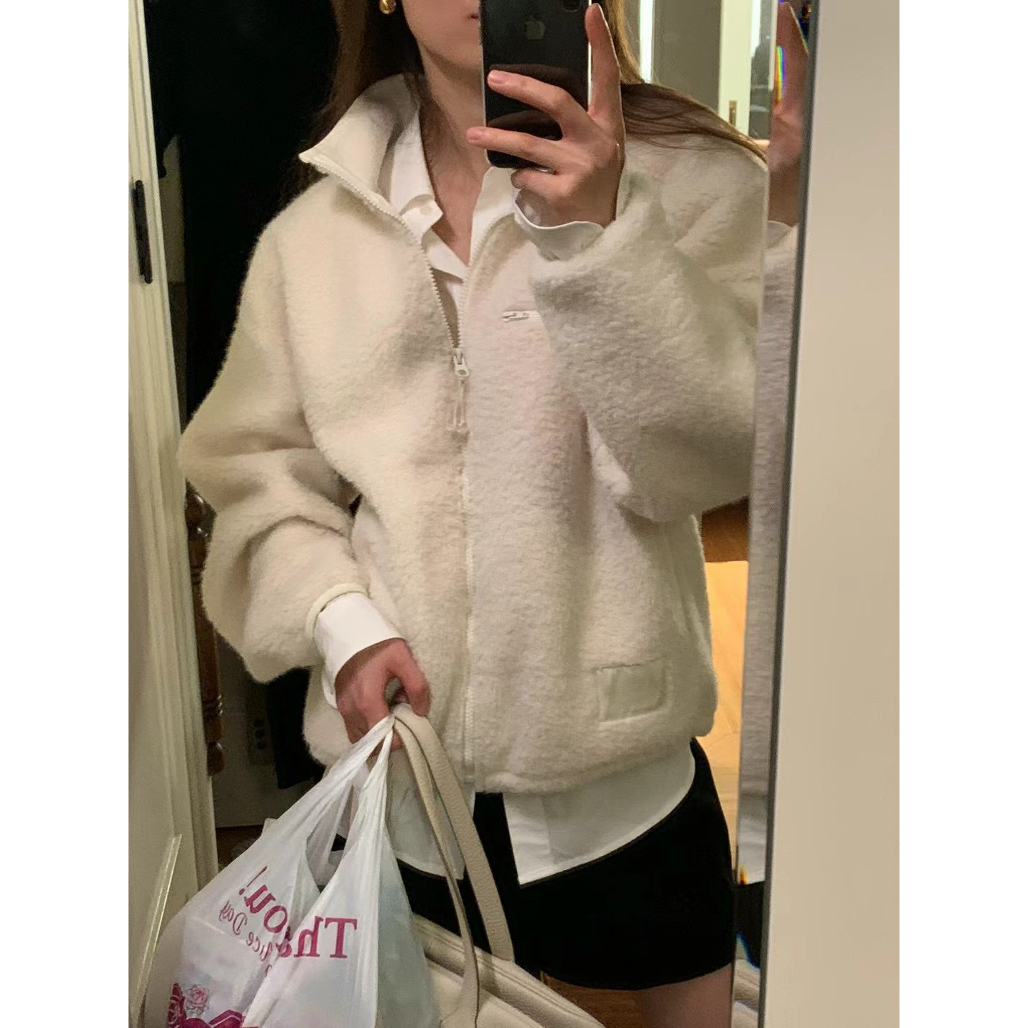 现货！OUNCE立领羊羔毛外套女25秋冬韩国温柔绒感奶白色拉链夹克