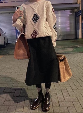 秒发！小众设计感25冬韩国Smo*thmo宽松休闲法式黑色中长半身裙女