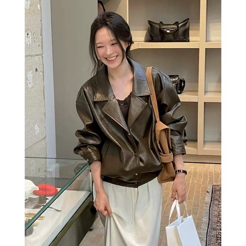 OBJET酷飒机车风皮夹克韩国2026秋季新款纯色翻领拉链皮衣外套女