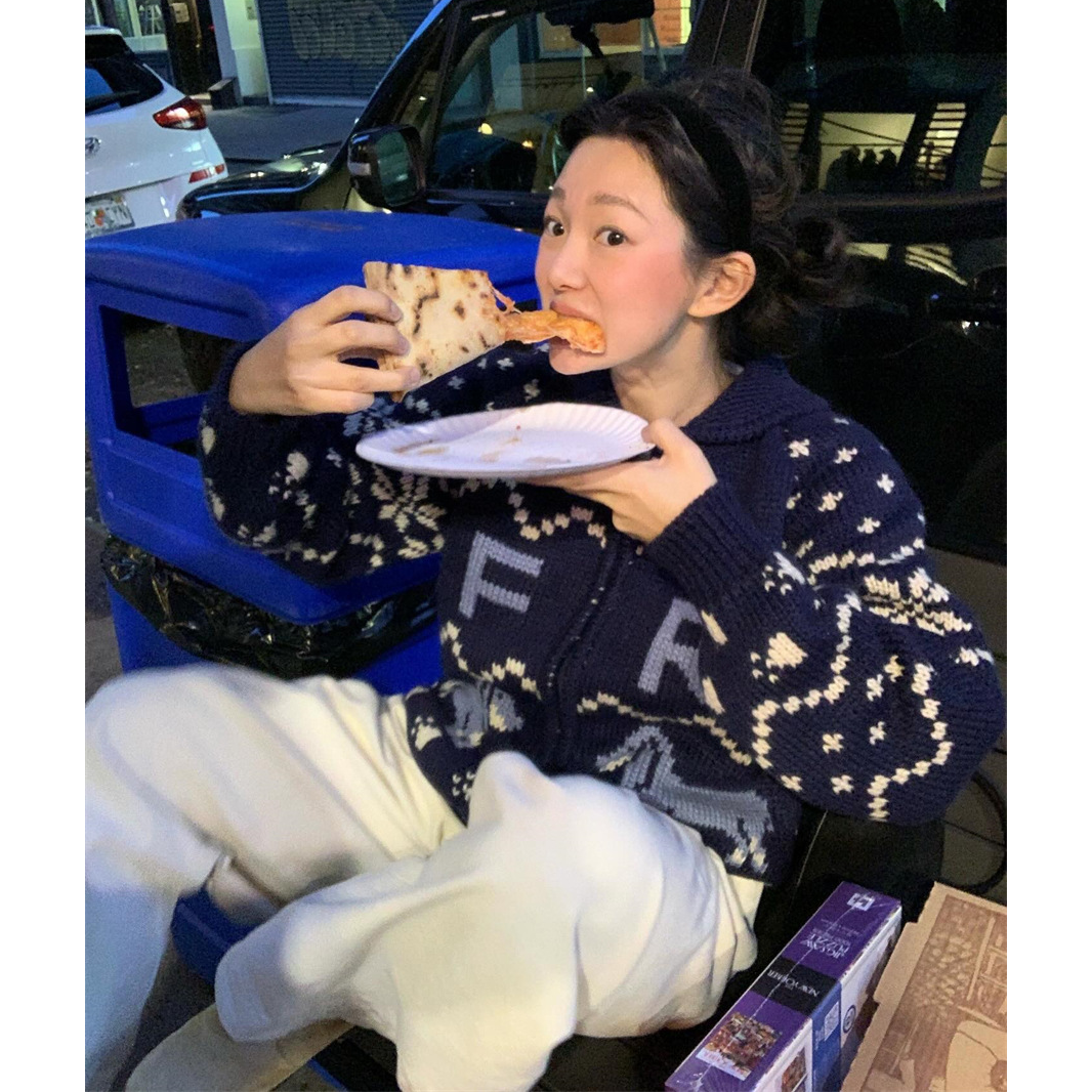 秒发！fever同款25冬韩国设计师far*en假日小狗拉链羊毛开衫外套