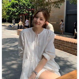 新款 2026春季 韩国休闲圆领系带棉质上衣女 衬衫 OUNCE蕾丝捏褶长袖