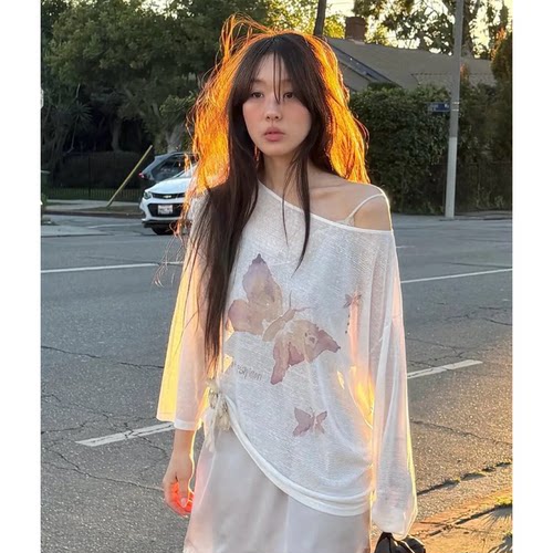 现货！fletta蝴蝶印花T恤女韩国春夏款微透纯欲风一字肩长袖罩衫