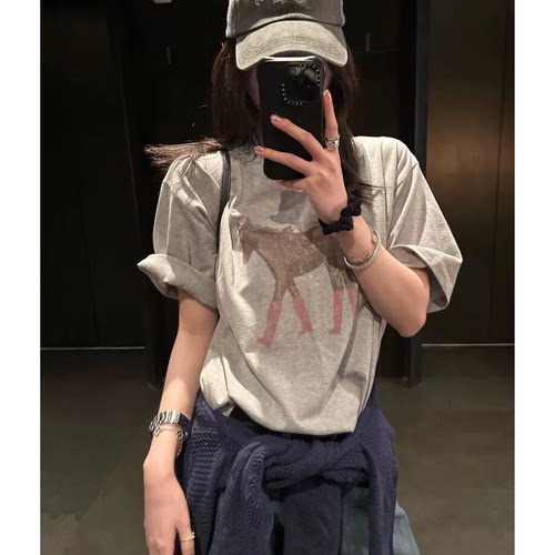 秒发！粉靴子小马印花T恤26夏季新款韩国宽松休闲圆领短袖上衣女
