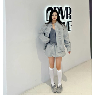 韩国减龄格子花边外套上衣抽绳蓬蓬半身裙 新款 一套带走 2026春季