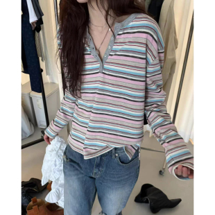 亨利领条纹T恤2026春新款 上衣女 韩国宽松显瘦百搭圆领半系扣长袖