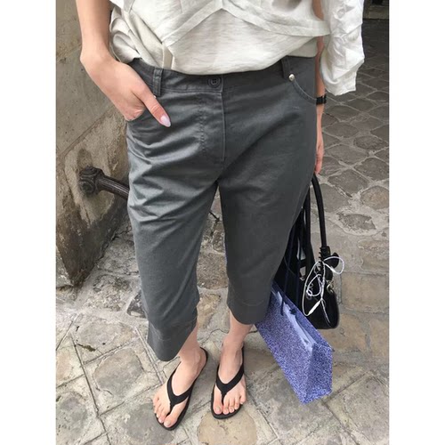 呼吸家breathe韩系侧边开叉休闲裤夏季新款修身显瘦七分裤小脚裤