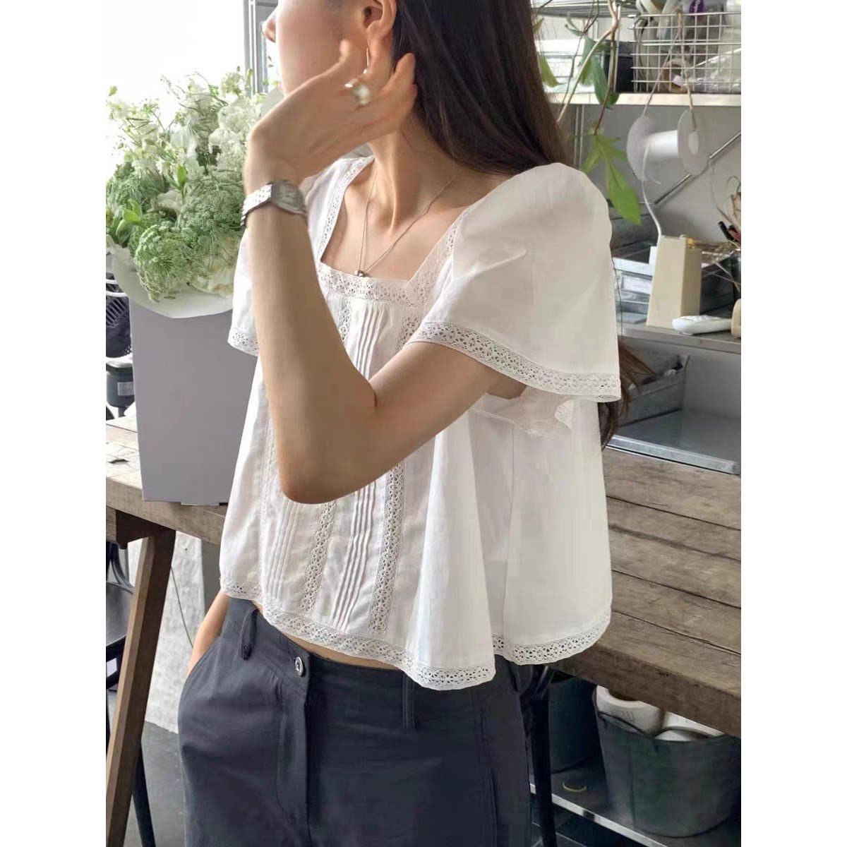 OUNCE方领蕾丝拼接短袖衬衫2026夏季新款韩系甜美温柔套头上衣女