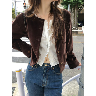 秒发 老钱风绒面短外套25冬韩国气质纯色小香风圆领单排扣夹克女