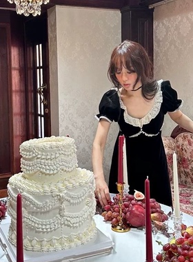 秒发千金感丝绒连衣裙26春新款韩国fletta蕾丝花边收腰短袖长裙女