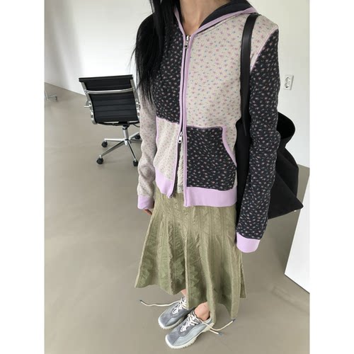 WE ARE碎花撞色华夫格连帽开衫韩国26秋新款甜系拼接拉链短外套女
