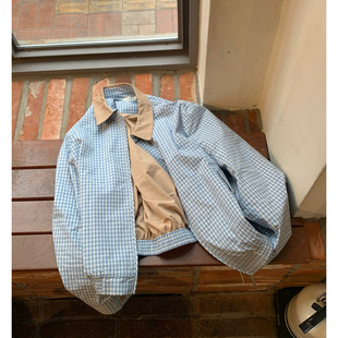 现货 复古格纹设计拉链夹克2026早春韩国撞色翻领松紧下摆短外套