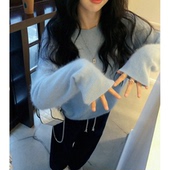 秒发 超软糯2026冬新款 韩国气质温柔极简baby蓝圆领拉绒羊毛衣女