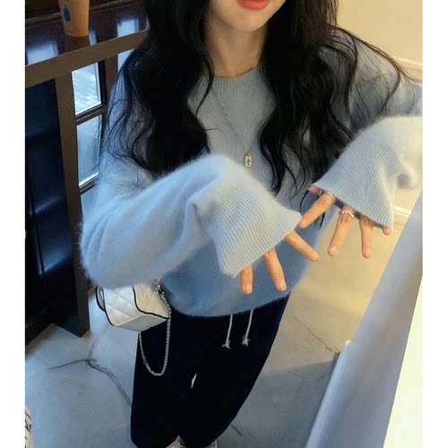 现！95羊毛！超软糯26秋冬韩国气质温柔baby蓝圆领针织拉绒毛衣女