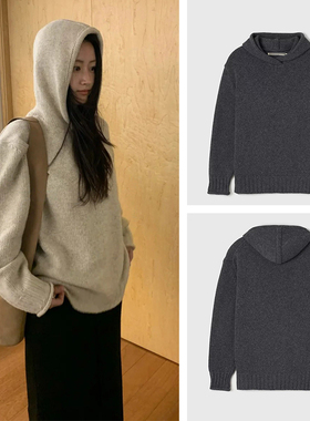 秒发！韩国设计师2026新款Lfm休闲纯色美利奴羊毛连帽针织毛衣女