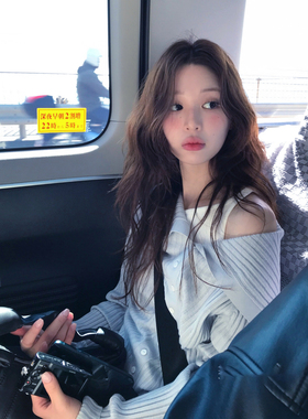 秒发！小心机设计感25冬韩国可盐可甜翻领露肩羊毛针织衫长袖上衣