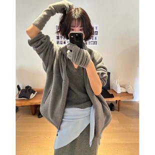 秒发 刺绣摇粒绒外套韩国25冬monoha立领防风保暖拉链抓绒上衣女