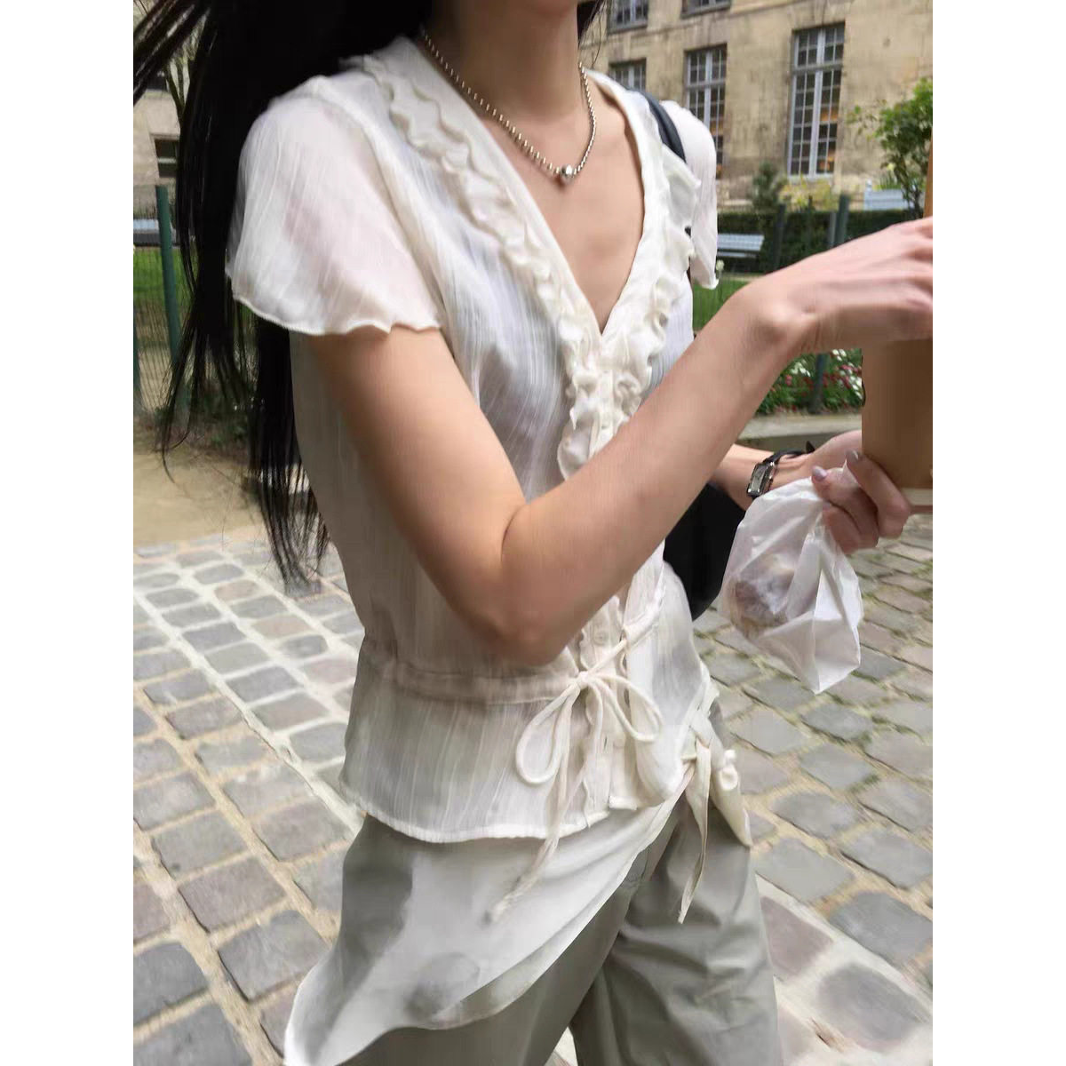 现货！呼吸家V领木耳边娃娃衫韩国26夏新款抽绳下摆短袖衬衫女