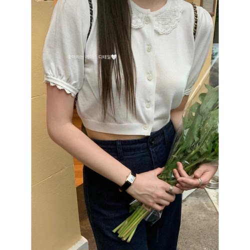 秒发！甜妹天花板韩国夏季蕾丝花边娃娃领短袖T恤针织开衫上衣女
