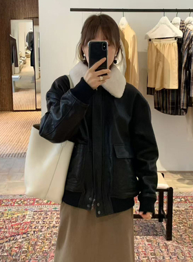 秒发！OUNCE皮夹克韩国2025秋冬可拆卸毛领翻领单排扣皮衣外套女