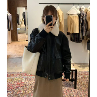 现货 OUNCE皮夹克韩国2025秋冬可拆卸毛领翻领单排扣皮衣外套女