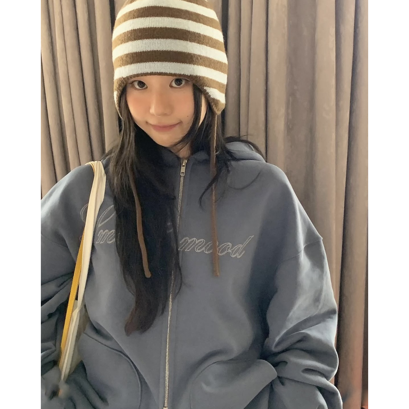 秒发!baby酱刺绣卫衣韩国25秋Smoothm*od宽松休闲连帽拉链夹克女