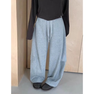 设计刺绣加厚休闲长裤 陆续 ge工装 韩国25冬be 女 松紧腰加绒卫裤