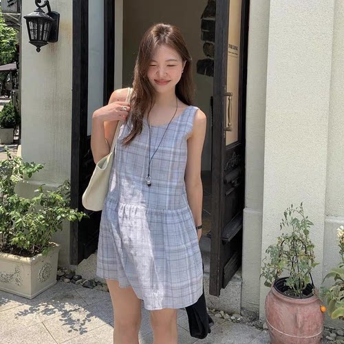 现货！tannat韩系撞色格纹背心裙东大门26夏季新款显瘦连衣裙女