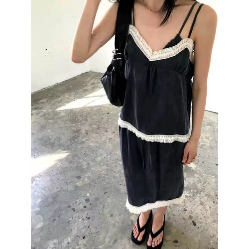 纯欲天菜！韩系V领蕾丝花边吊带半身裙两件套夏季新款时髦精套装