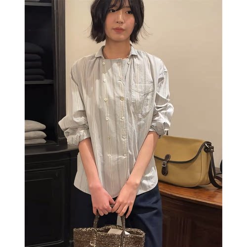 韩国urbanic30设计师2026秋季新款双排扣宽松条纹长袖衬衫女