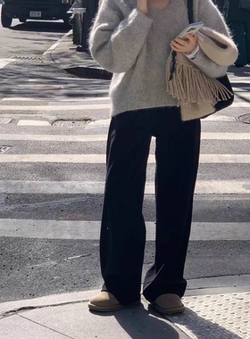 秒发！OUNCE灯芯绒休闲裤女韩国设计师气质纯色高腰显瘦直筒长裤