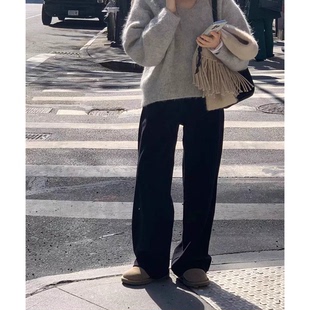 女韩国设计师气质纯色高腰显瘦直筒长裤 秒发 OUNCE灯芯绒休闲裤