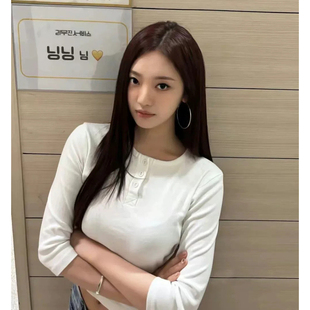 ny中袖 宁艺卓同款 韩国设计师glo 新款 上衣女 亨利领T恤2026年春季