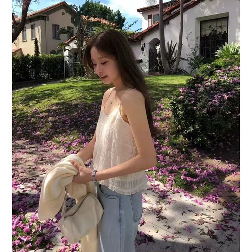 现货！甜妹入OUNCE褶皱吊带26夏新款韩国温柔纯色圆领背心上衣女