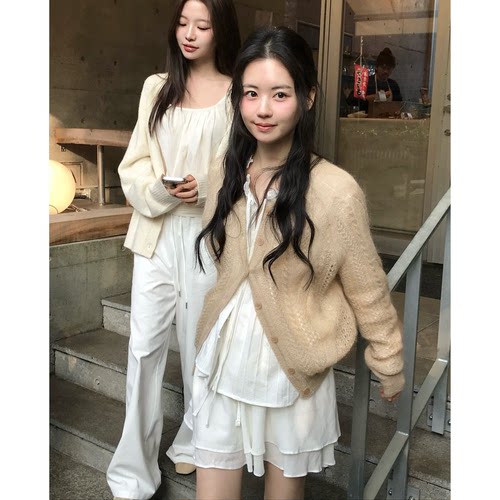 温柔软糯纯色针织开衫韩国archi*e jt*u圆领单排扣镂空长袖外套女